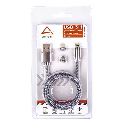 Дата-кабель зарядный 3в1 USB Micro/Type C/Lightning (1 м, 3А) магнитный коннектор, c подсветкой ARNE